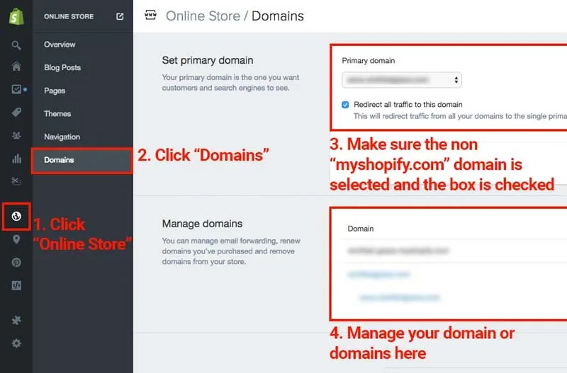 Domain redirect setting from "Shopify Store Success in 10 Easy Steps" Article