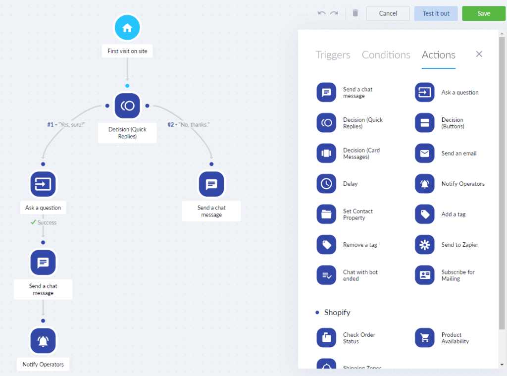 Tidio Action Workflow from "Top 3 Shopify Chatbots in 2021" Article