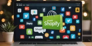 Shopify logo with e-commerce icons in the background, symbolizing online shopping and business growth.
