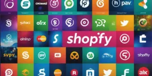 Logos of popular Shopify apps on colorful backdrop.